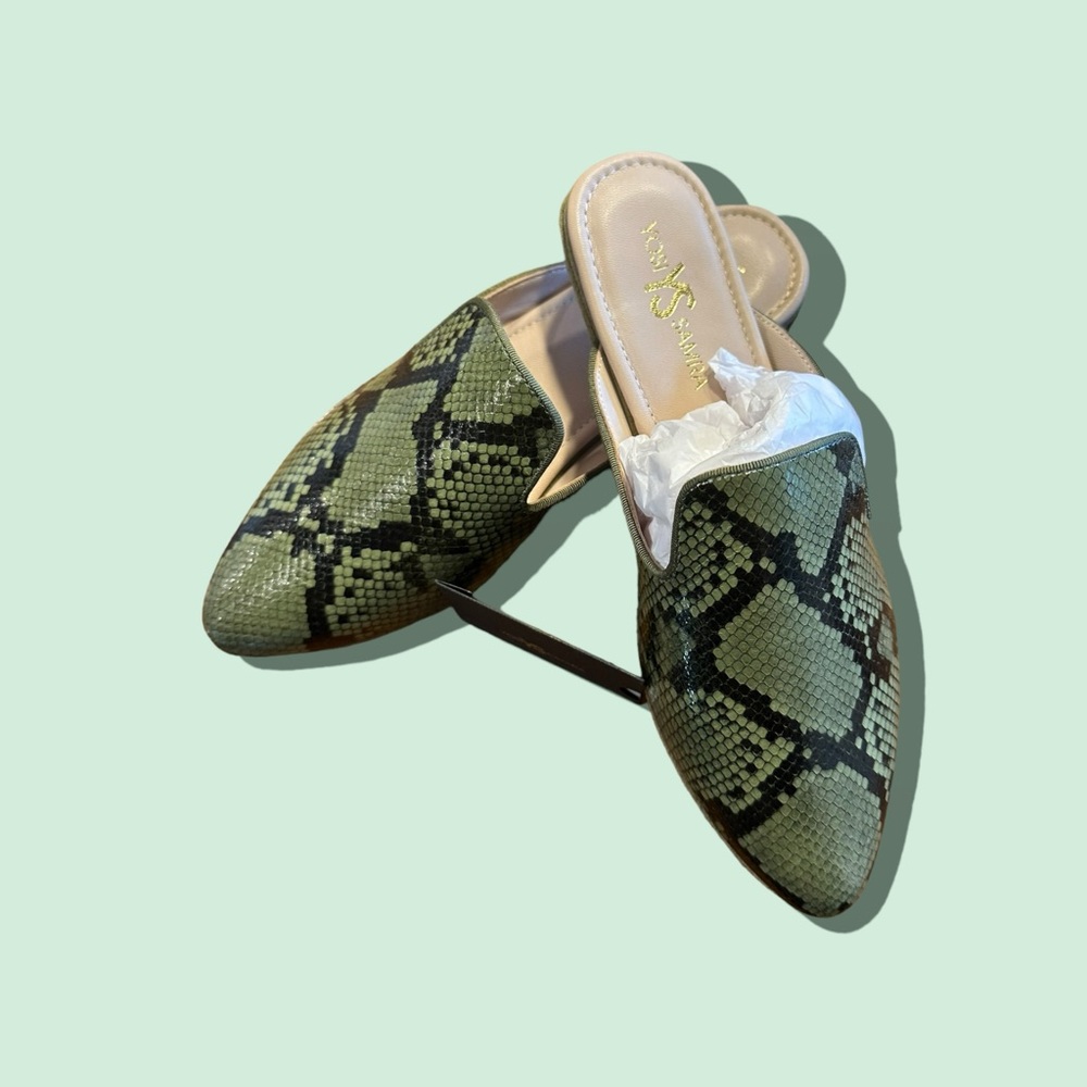 Yosi Samra Vidi Mules Green snake leather